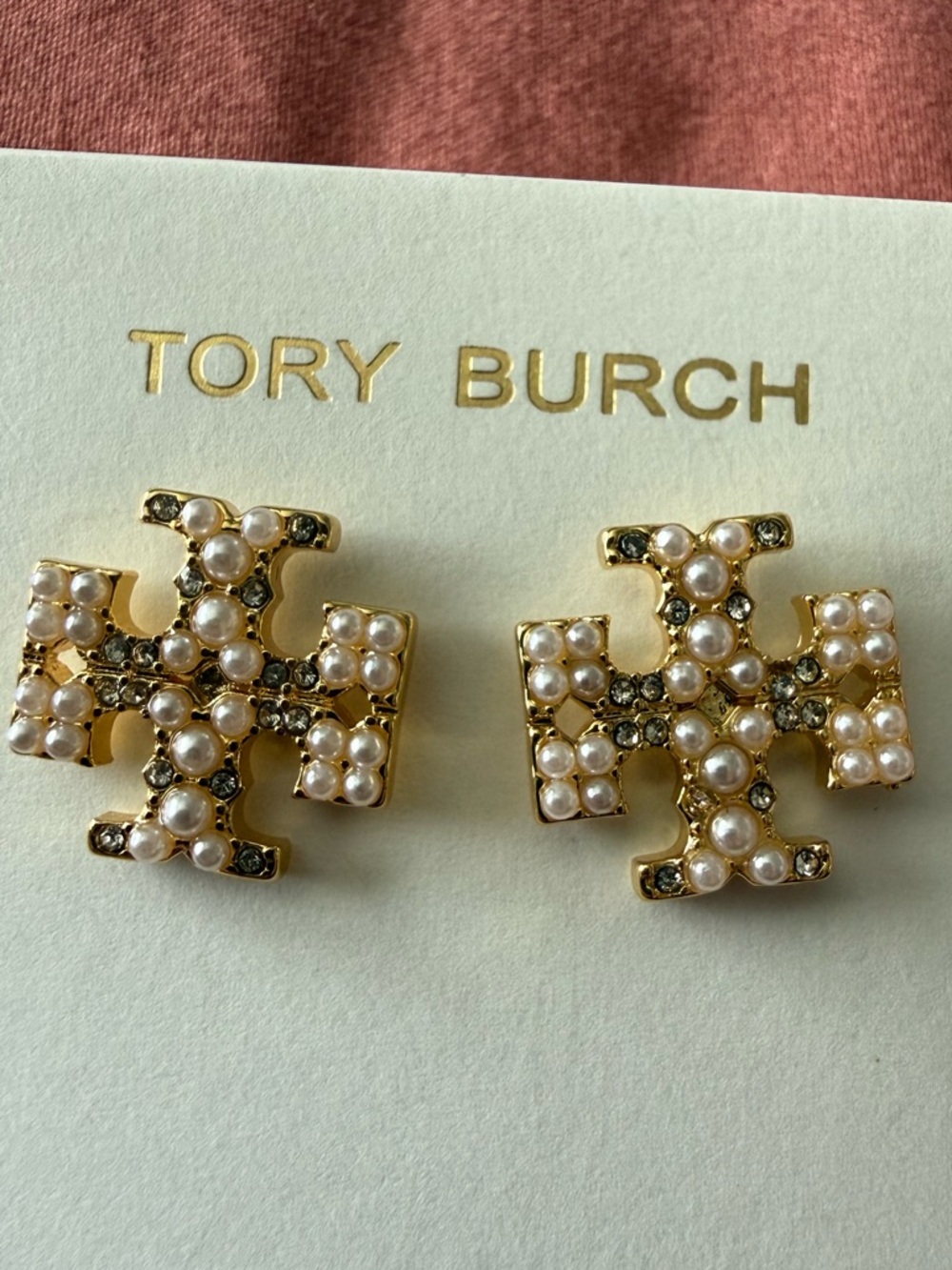 Tory Burch | Gold Pearl & Pave Logo Stud Earrings